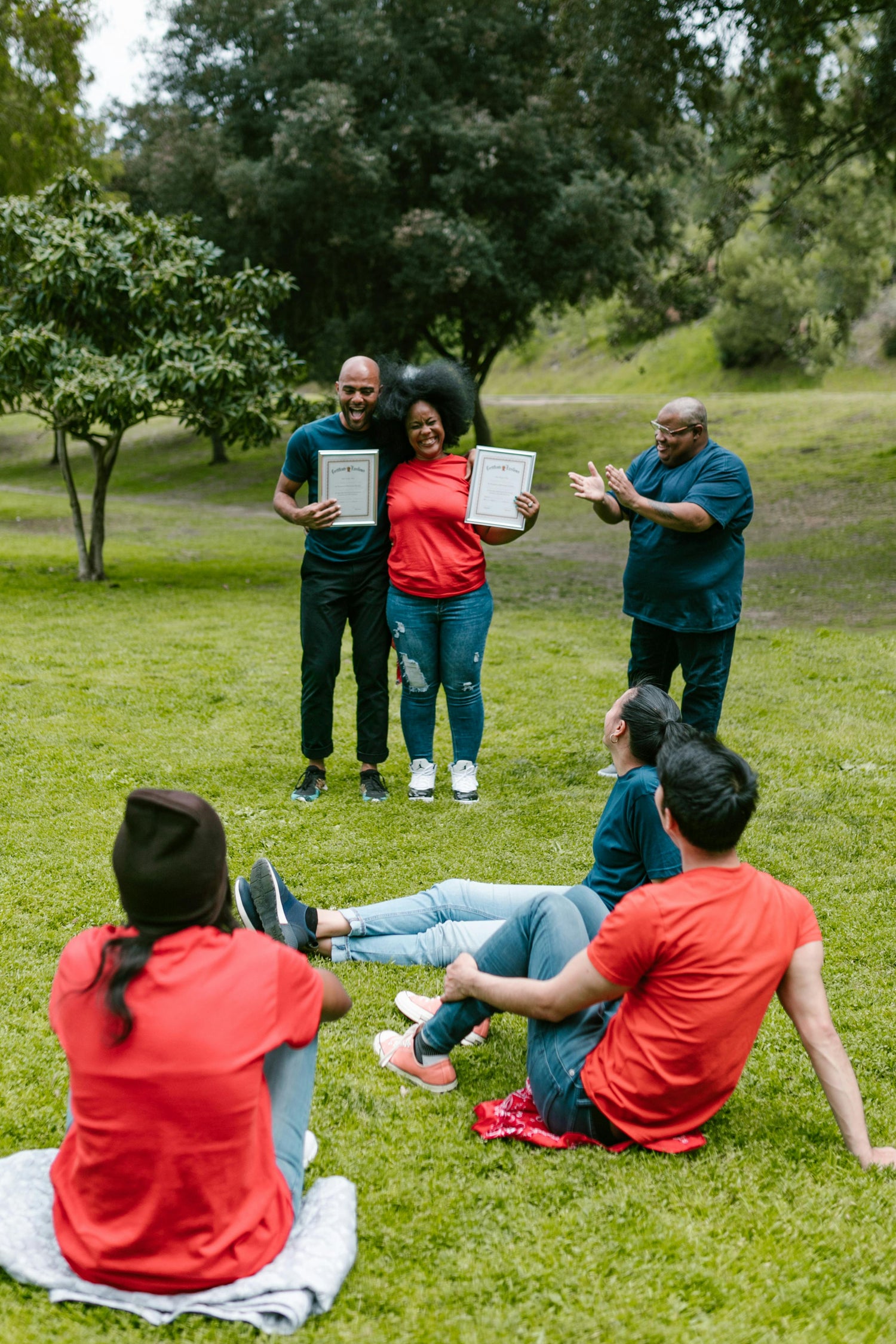 Friends enjoying an interactive treasure hunt in Bedfordshire.