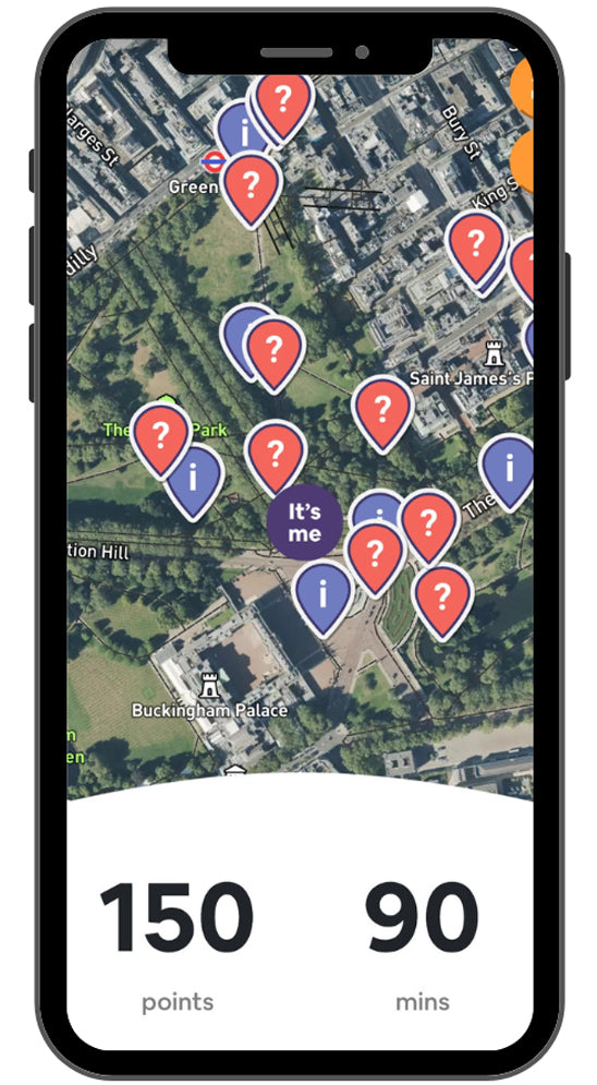 Mobile phone gameplay showing map and questions in a birthday and stag or hen treasure hunt