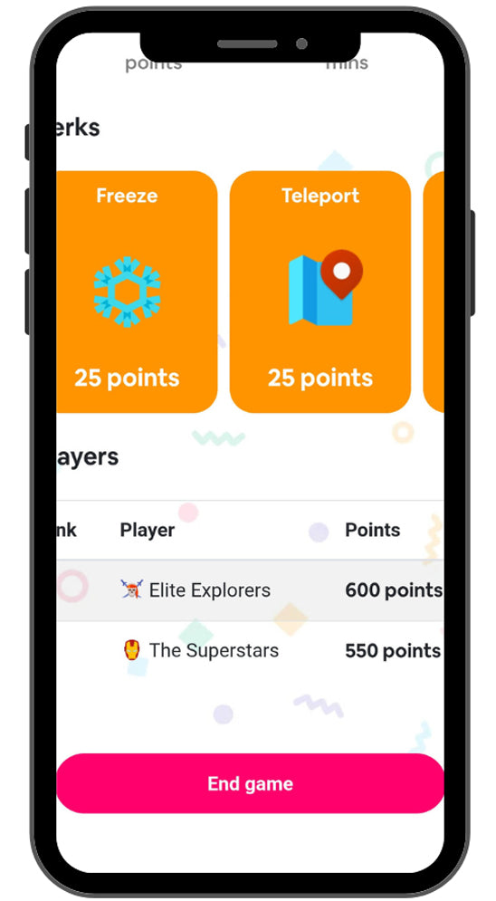 Mobile gameplay showing team sabotage perks during a corporate team building treasure hunt
