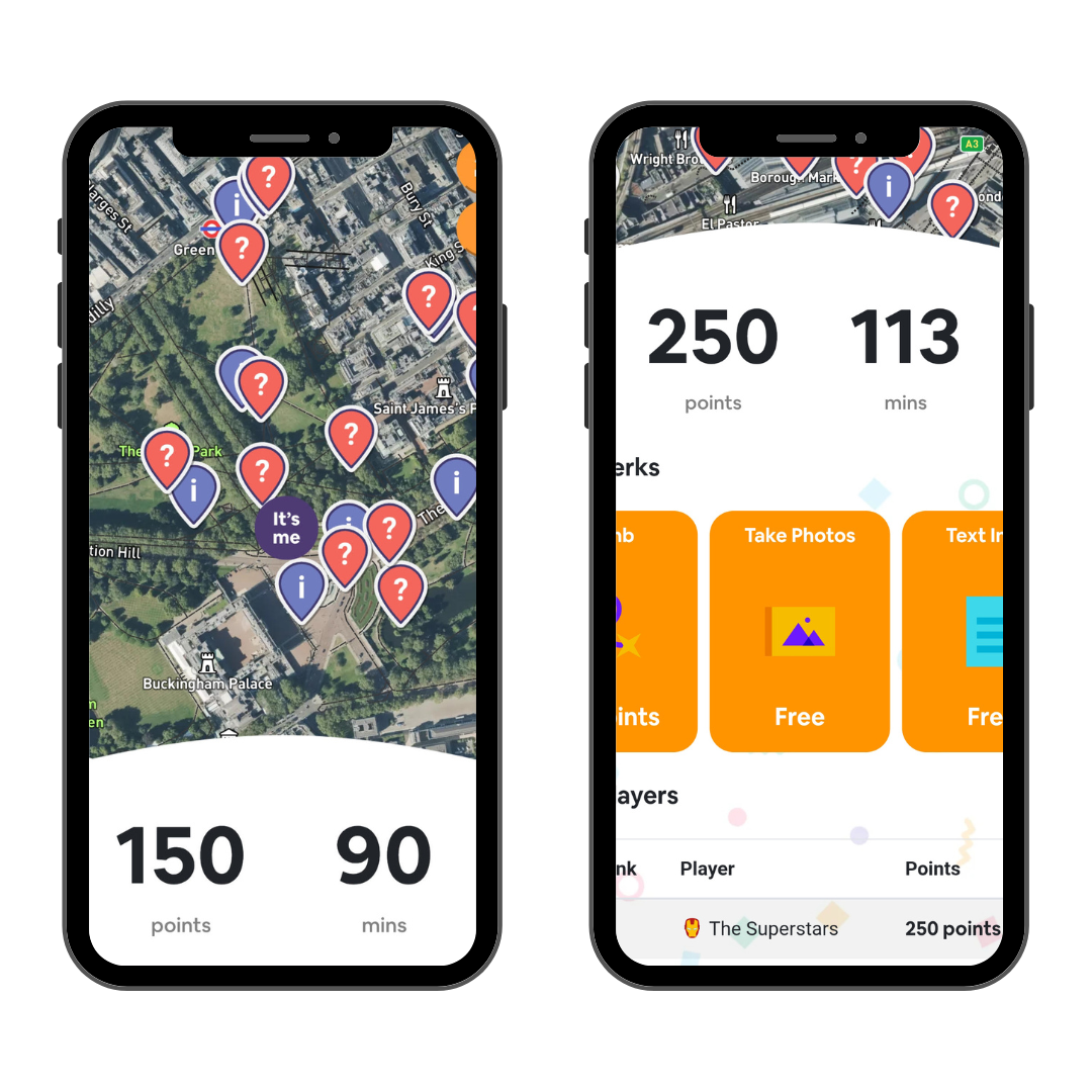 Mobile screen showing our treasure hunt gameplay – work with us