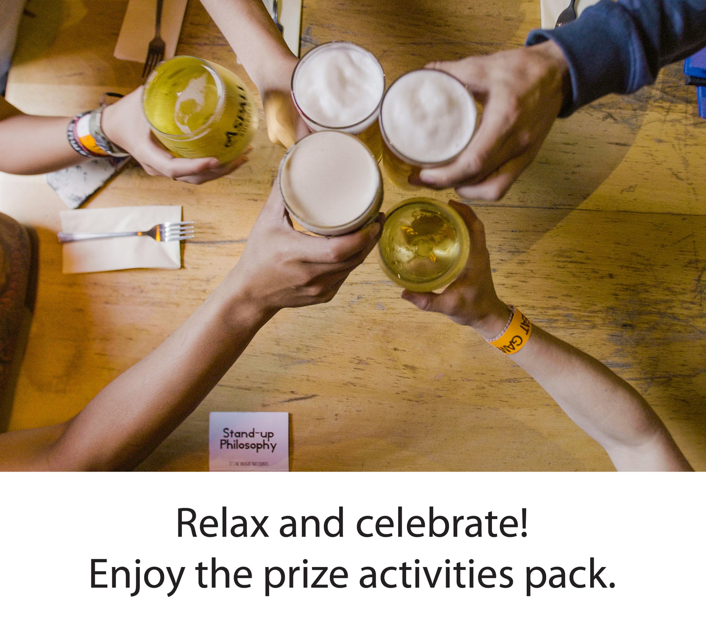 Celebrating completion of a 2 player UK treasure hunt at the pub